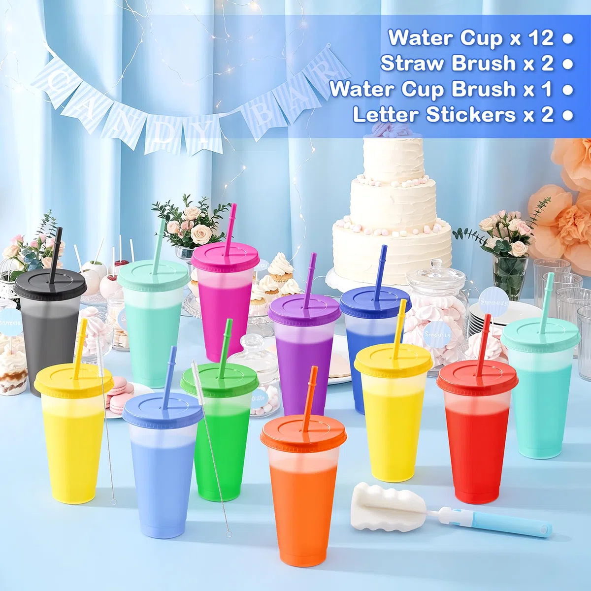 12 Stück Trinkbecher mit Deckel und Strohhalm Kinder Erwachsene 24OZ 710ML Farbwechsel Becher mit Deckel und Strohhalm Plastikbecher Kunststoffbecher Wiederverwendbare für Party Geburtstag Festival