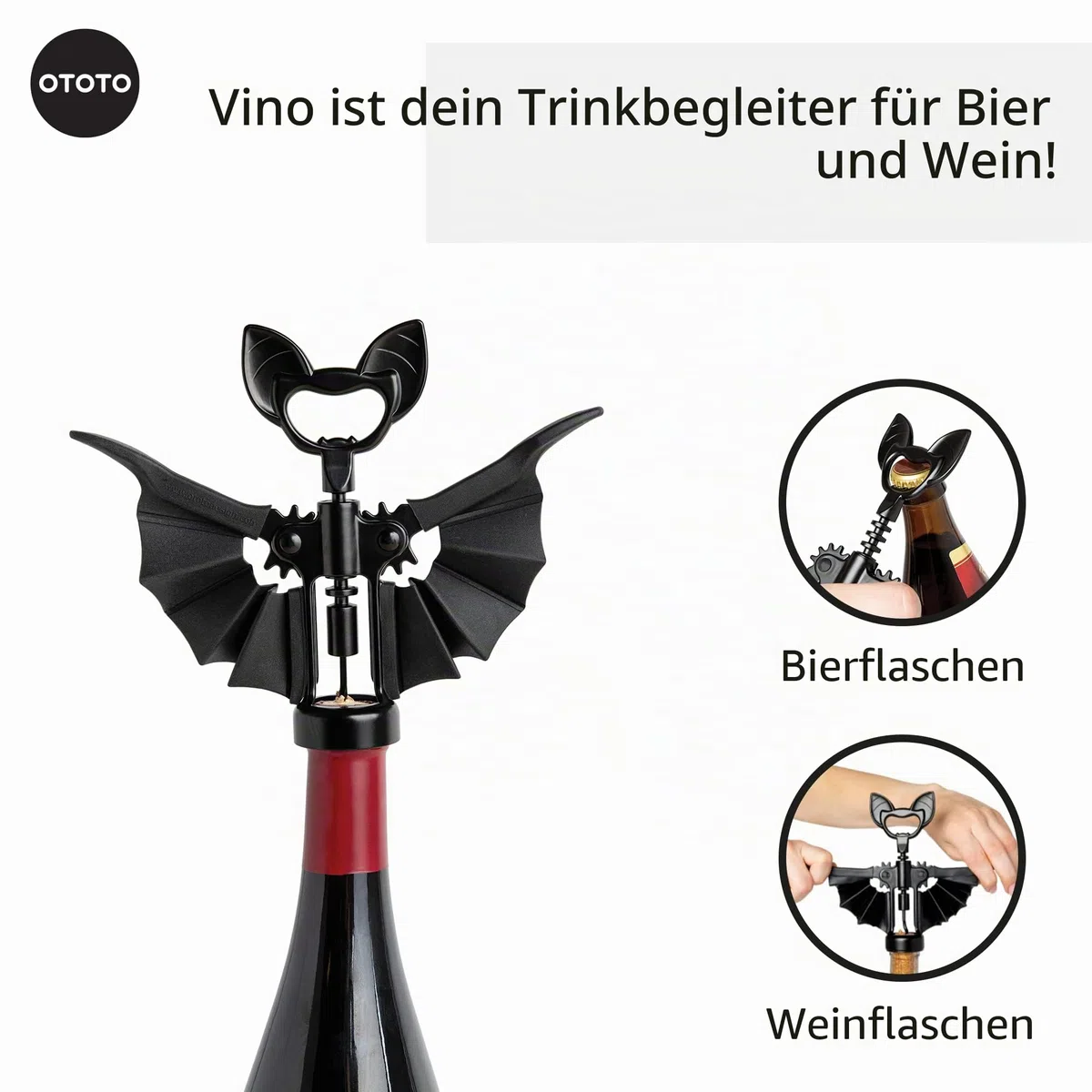 OTOTO 2-in-1 Korkenzieher, Goth Halloween Wein Geschenke, Gothic Küchenhelfer, Flaschenöffner Lustig Spooky, Flaschenverschluss (Vino Fledermaus)
