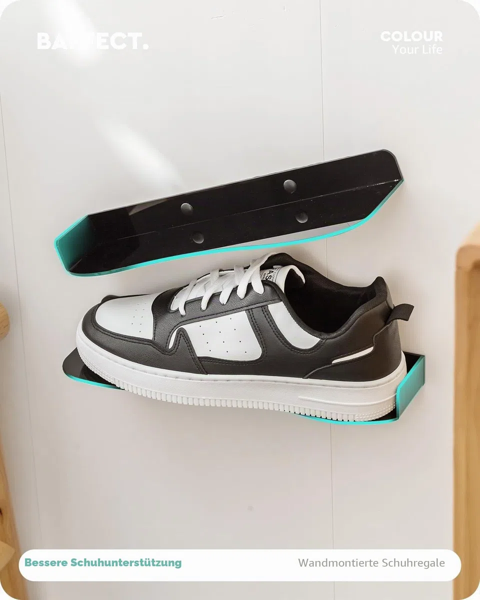 Baffect Sneaker Wandhalterungen, Schuhregal Wand mit Flexiblen Kombinationsmöglichkeiten, Schuhhalter Wand aus Acryl für 2 Paar Sportschuhe (Schwarz)