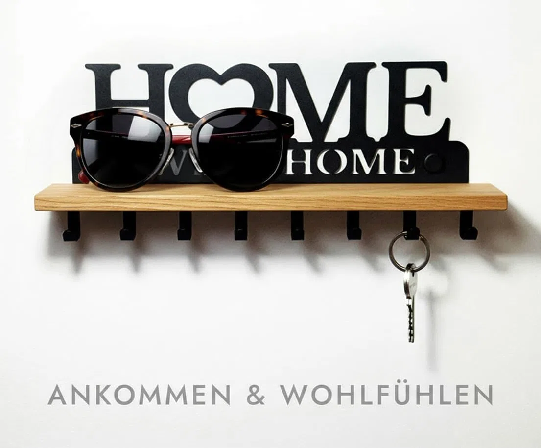 Schlüsselbrett mit Ablage aus Echtholz & Metall | Wandorganizer mit 8 Haken für den Flur | Home Sweet Home Design zur Wandmontage