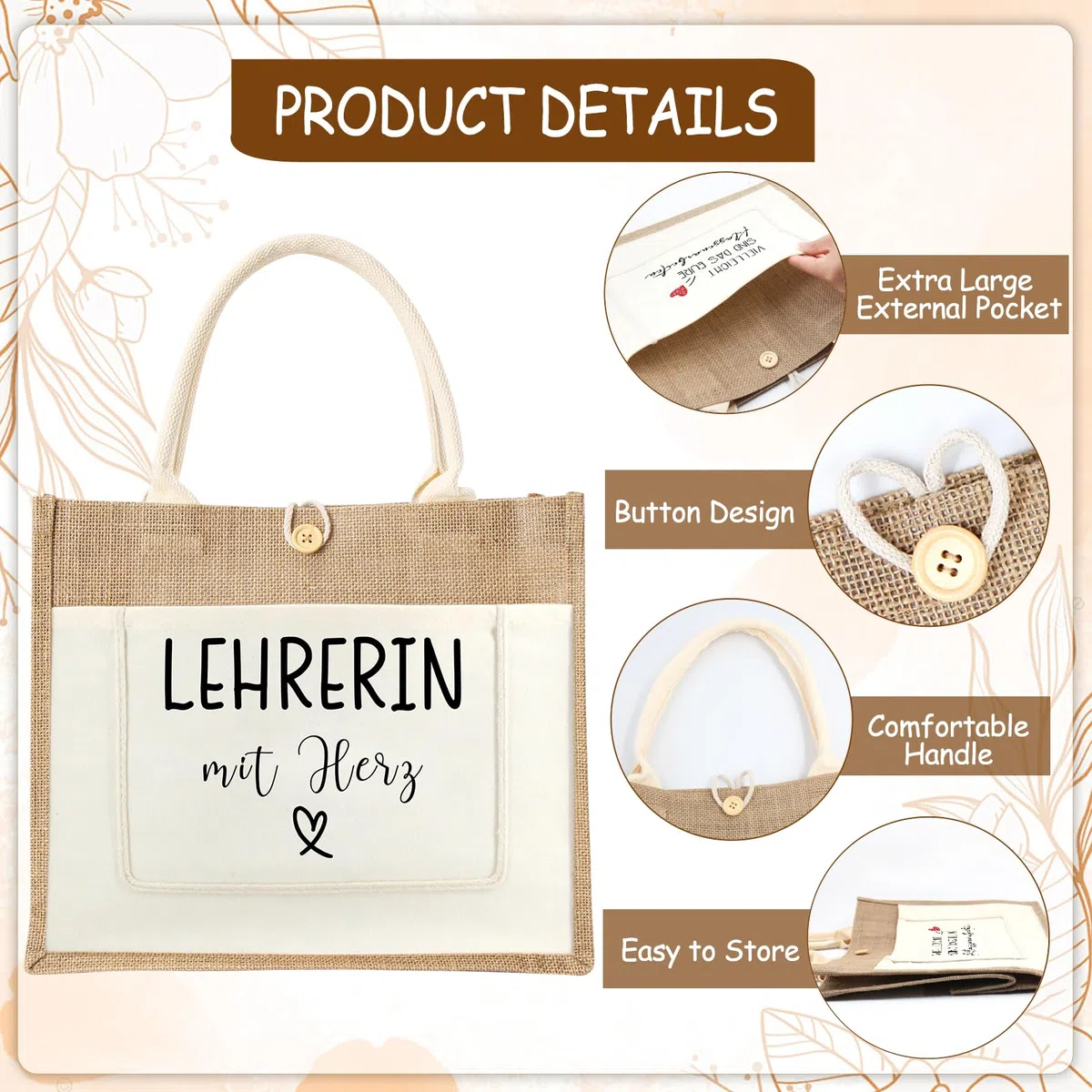 Jutetasche Lehrerin mit Herz, Jute Shopper Bag als Abschiedsgeschenk, Dankesgeschenk für Lehrer Frauen, Jute Einkaufstasche Geschenke für Lehrerin zum Abschied, Geburtstag, Lehrertag, Abschlussfeier