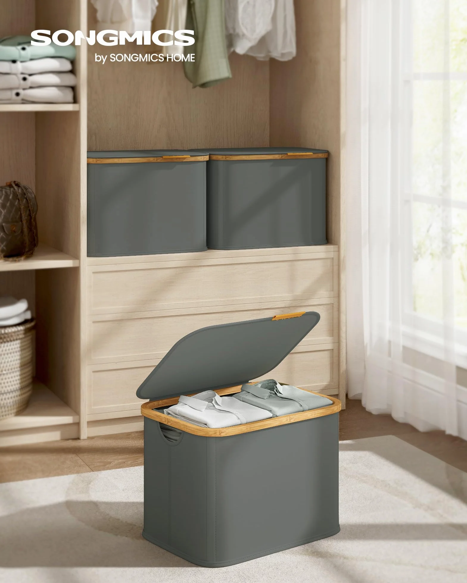 SONGMICS Wäschekorb mit Deckel, Wäschesammler platzsparend, Oxford-Gewebe, zusammenklappbar, Bambusrahmen, für Waschküche, Schlafzimmer, Wohnzimmer, 40 L, 42 x 32 x 30 cm, schiefergrau LCB516GN01