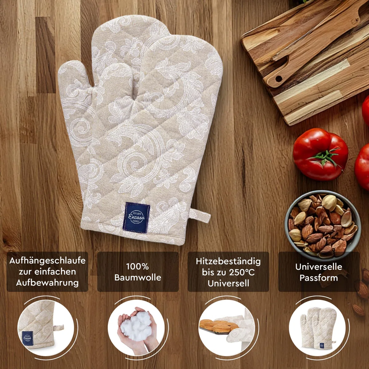 Encasa XO Ofenhandschuhe Hitzebeständig | Mikrowellenkoch-Mitten Für Backen & Küchengebrauch | 18x30 cm | Baumwollutensilienhalter - Chambray-Stoff (Packung Mit 2, Beige)
