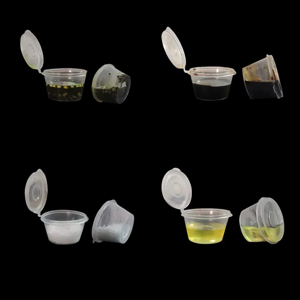 MIUPOO Runde Plastik Sauce Becher, transparente Sauce Becher, mit Scharnierabdeckung, kann für alle Arten von Saucen,Runde 100 Sätze, 2 Unze verwendet werden.