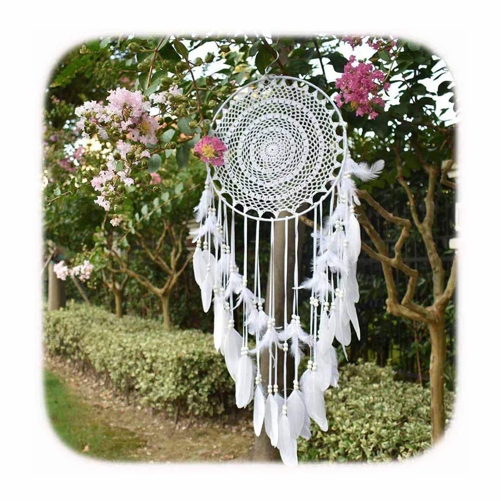 großer Traumfänger im Boho-Stil, mit weißer Feder, Makramee, Wandbehang für Vintage-Hochzeit oder zur Heimdekoration, 35 cm Kreis, 115 cm lang, Weiß