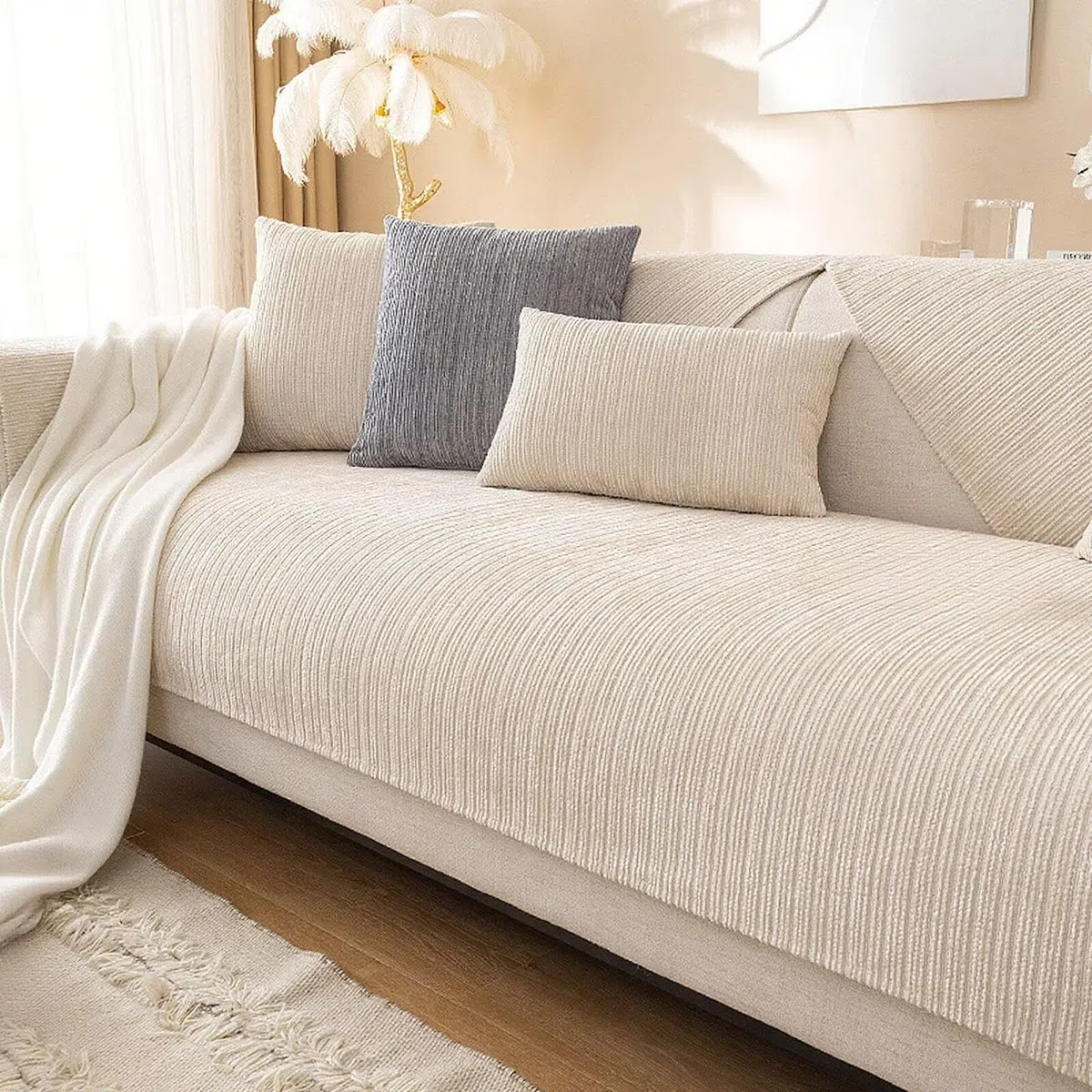 Sofa Überzug rutschfeste, Universal Sofaschoner 1 2 3 4 Sitzer, Waschbar Sofabezug Sofaüberwurf, Weiche Couchüberzug Überwurfdecken für L Form U Form Sektionssofa(Beige, 90x90cm)