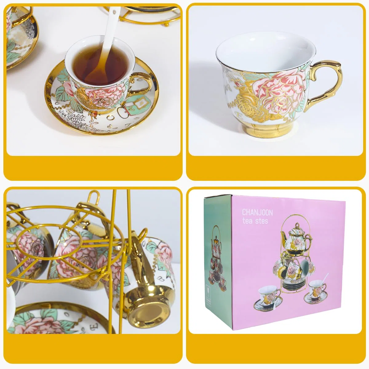 Gold Plated Red Rose Ceramic Tea SetS, Vintage Tea Set with Teapot, Beautiful Tea Set Coffee Serving 6 People (Gold, Medium)