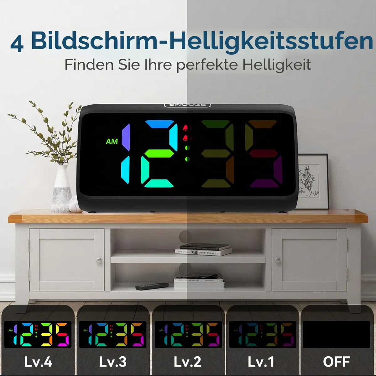 Lauter Wecker für Tiefschläfer, Digitalwecker mit Bunte Display, Doppelalarm, 5 Helligkeitsdimmer, 4 Lautstärken, Abschalt-Speicher, Wecker Nachttisch für Kinder Jugendliche Ältere Schwerschläfer
