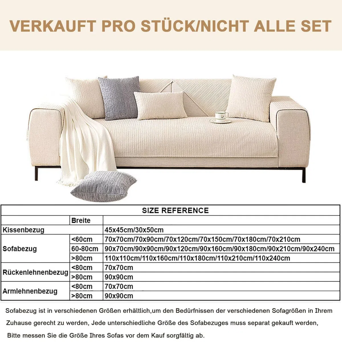 Sofa Überzug rutschfeste, Universal Sofaschoner 1 2 3 4 Sitzer, Waschbar Sofabezug Sofaüberwurf, Weiche Couchüberzug Überwurfdecken für L Form U Form Sektionssofa(Beige, 90x90cm)