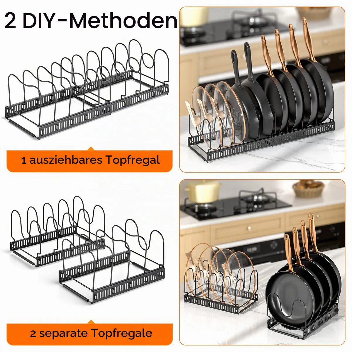 MUDEELA Töpfe und Pfannen Organizer, Erweiterbarer Küchenschrank Organizer mit 10 Verstellbaren Fächern Ideal für Schneidebretter, Gusseisenpfannen und Kochzubehör Topfdeckelhalter, Schwarz