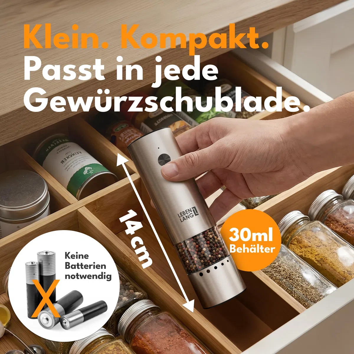 LEBENLANG Mini Salz und Pfeffermühle Elektrisch - 300mAh & Kompakter 30ml Behälter I 1er Set I Wiederaufladbar Gewürzmühle Elektrisch Klein Elektrischer Salz und Pfefferstreuer Pfeffer & Salzmühle
