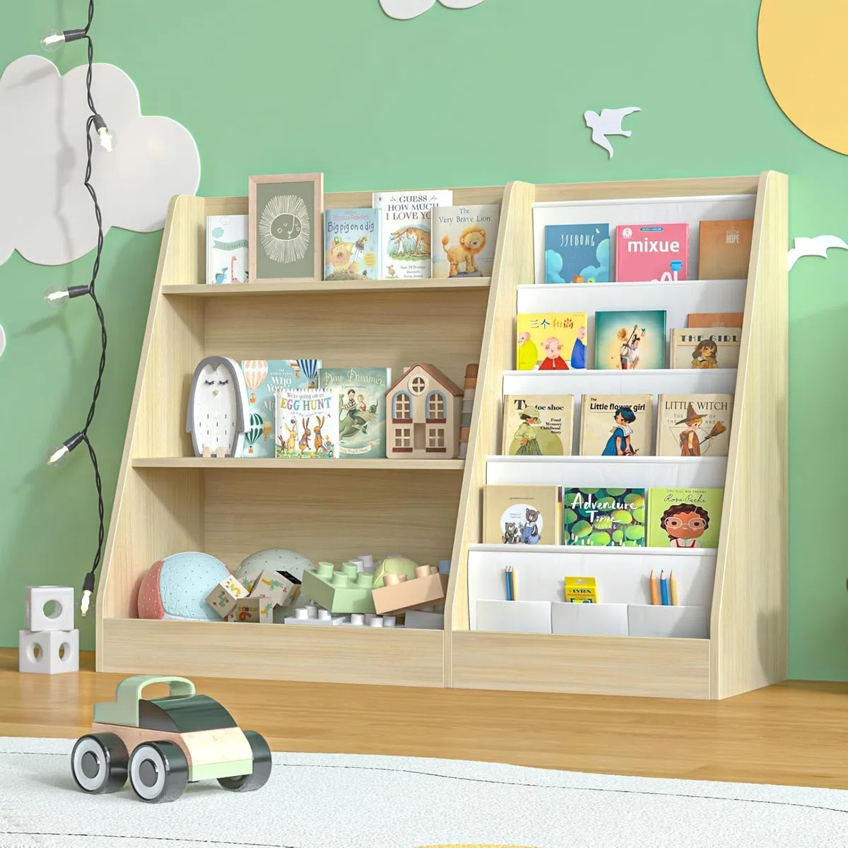Kinderregal mit 4 Ablage und 3 offenen Fächern, Bücherregal für Kinder, Kinderzimmerregal, Bücherregal Aufbewahrungsregal für Kinder, Spielzeug-Organizer für Spielzimmer, 80 x 30 x 67.5 cm (Eiche)