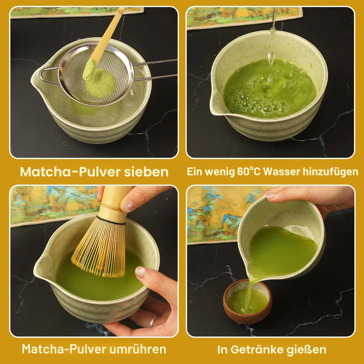 Matcha-Set,8 Piece Matcha Besen Set,Matcha Schale mit Auslauf Japanisches Matcha Tea Set Matcha Besenhalter, Sieb, Schaufel, Tea Set,Teetuchunterlage,Für Teeliebhaber Anfänger