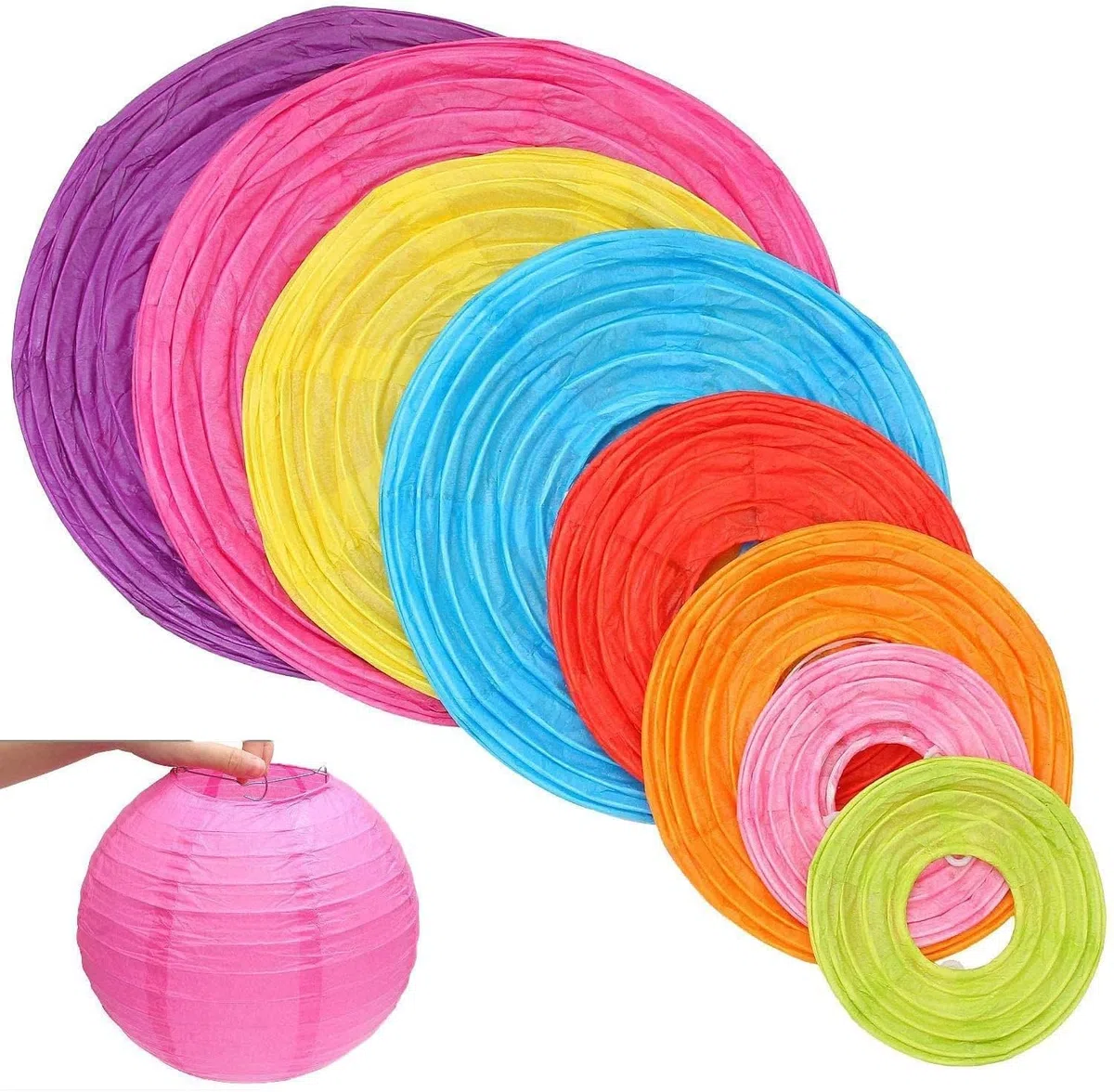ASelected 24 PCS Bunte Papier Laterne, 25/20/15/10 cm Papierlampions Runde, Lampenschirm Papierlaterne, Bunte Papierlaterne für Hochzeiten, Geburtstage