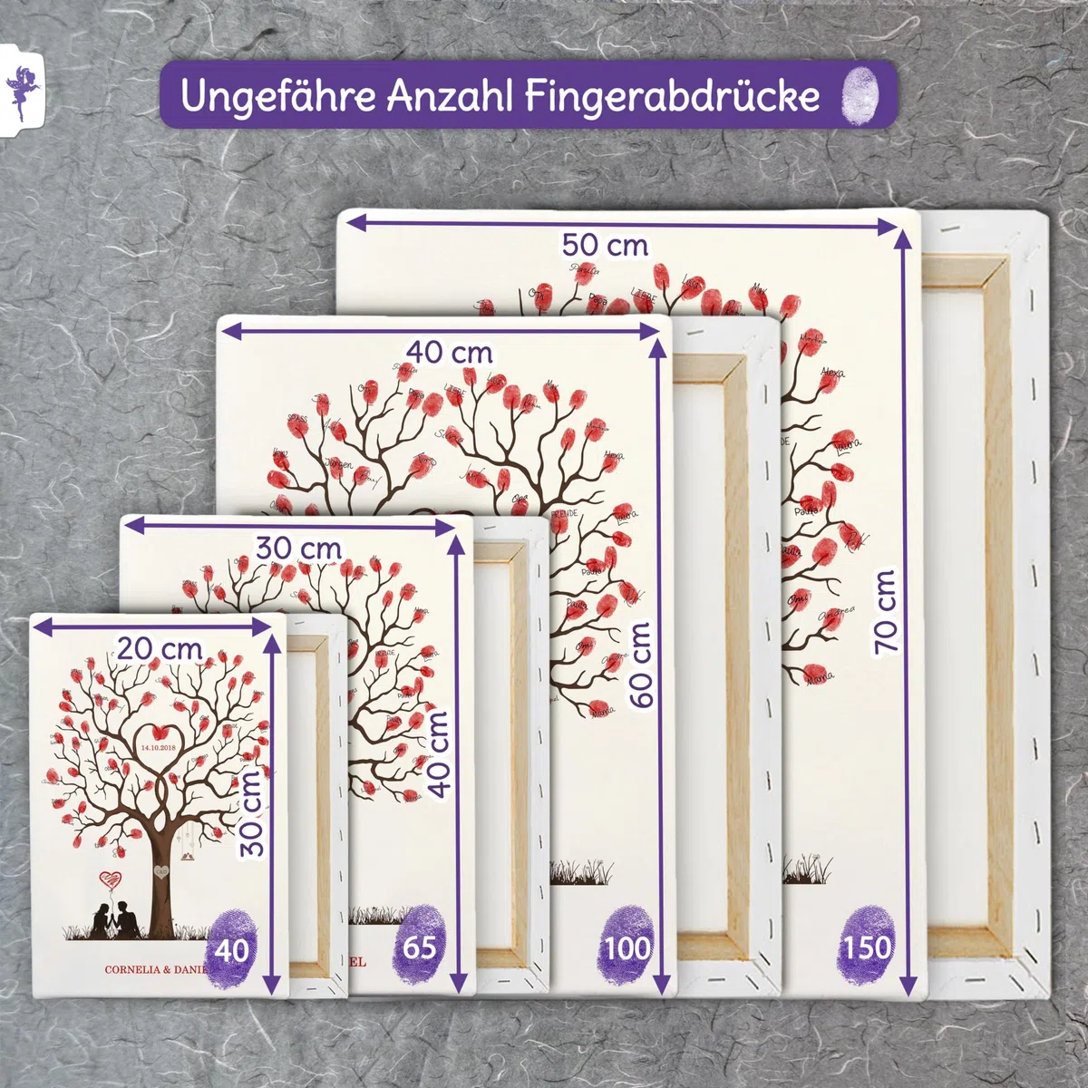 FEENSTAUB Hochzeitsbaum personalisiert, Gästebuch Alternative Hochzeit, Fingerabdruck Hochzeit, Weddingtree, Leinwand Gästebuch, Hochzeitsbaum Fingerabdruck, Baum auf Leinwand oder Papier