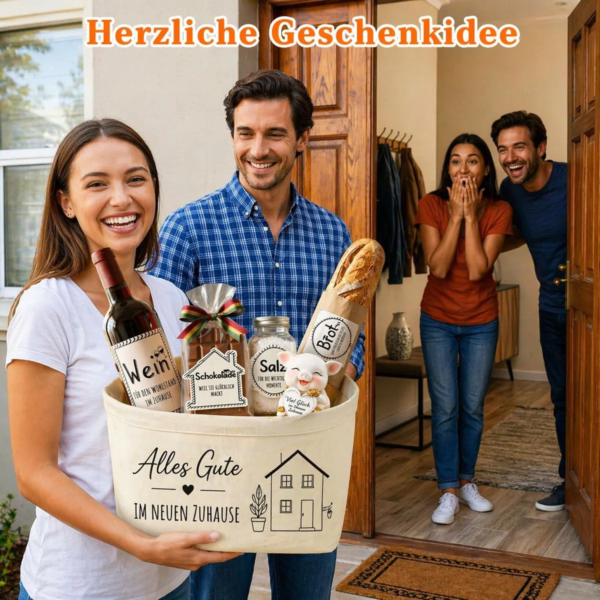 Geschenk zum Einzug Brot und Salz Set – Edles Einzugsgeschenk für Haus & Wohnung mit Bambusbrett, Brotkorb & Keramik-Glücksschwein – Inkl. Grußkarte – Geschenk für Hausbau