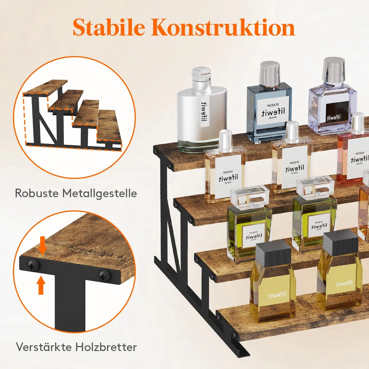 Lifewit 4 Etagen Display Ständer mit Schwarzes Metallregal, 35 x 27 x 16 cm Stehende Aufsteller für , Holzwerkstoff Organizer für Schminktisch/Badezimmer, Tortenständer für Party