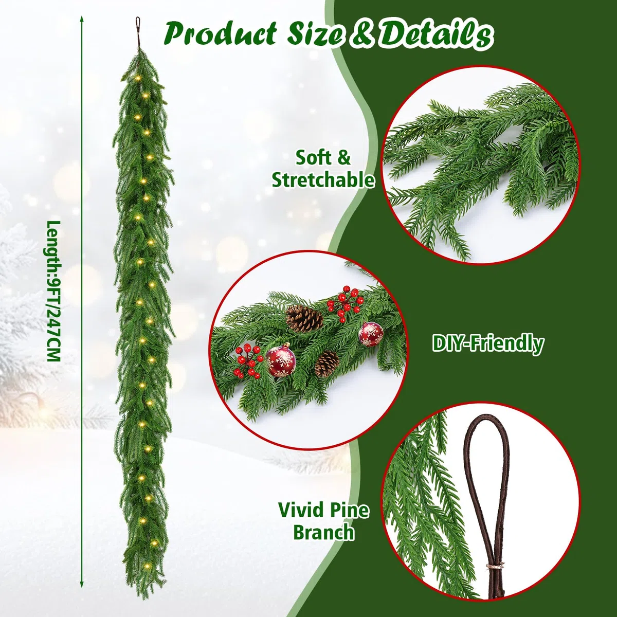 Timiyou Weihnachtsgirlande Naturgetreue Tannengirlande 270cm Grün - Perfekt für Weihnachtsdeko, Treppengeländer & Türrahmen! LED Beleuchtet, batteriebetrieben