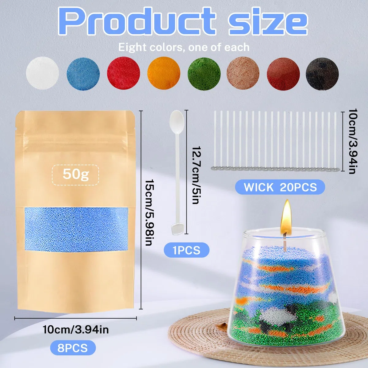 8 Farben Kerzensand, Kerzensand mit 20 Docht, 400g Pflanzliches Kerzenwachs, Kerzenwachs Granulat, Wachsgranulat für Kerzen, Kerzen Sand für kreative Dekorationen