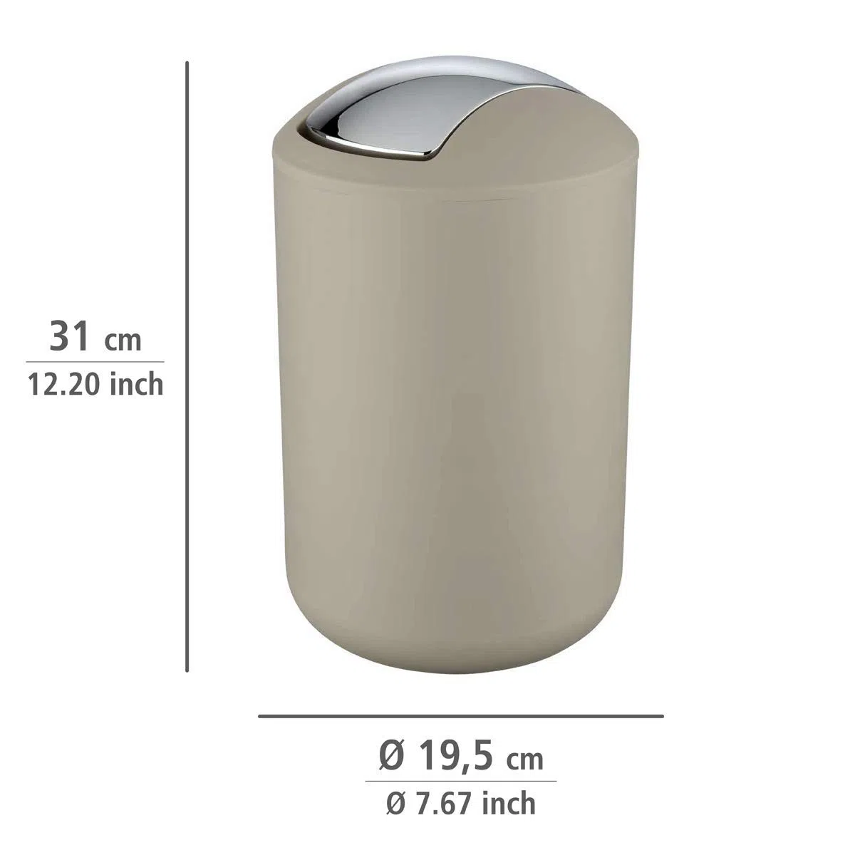 WENKO Kosmetikeimer Mod. Brasil L, 6,5 Liter Bad-Mülleimer mit Schwingdeckel, aus bruchsicherem Kunststoff, BPA-frei, Taupe