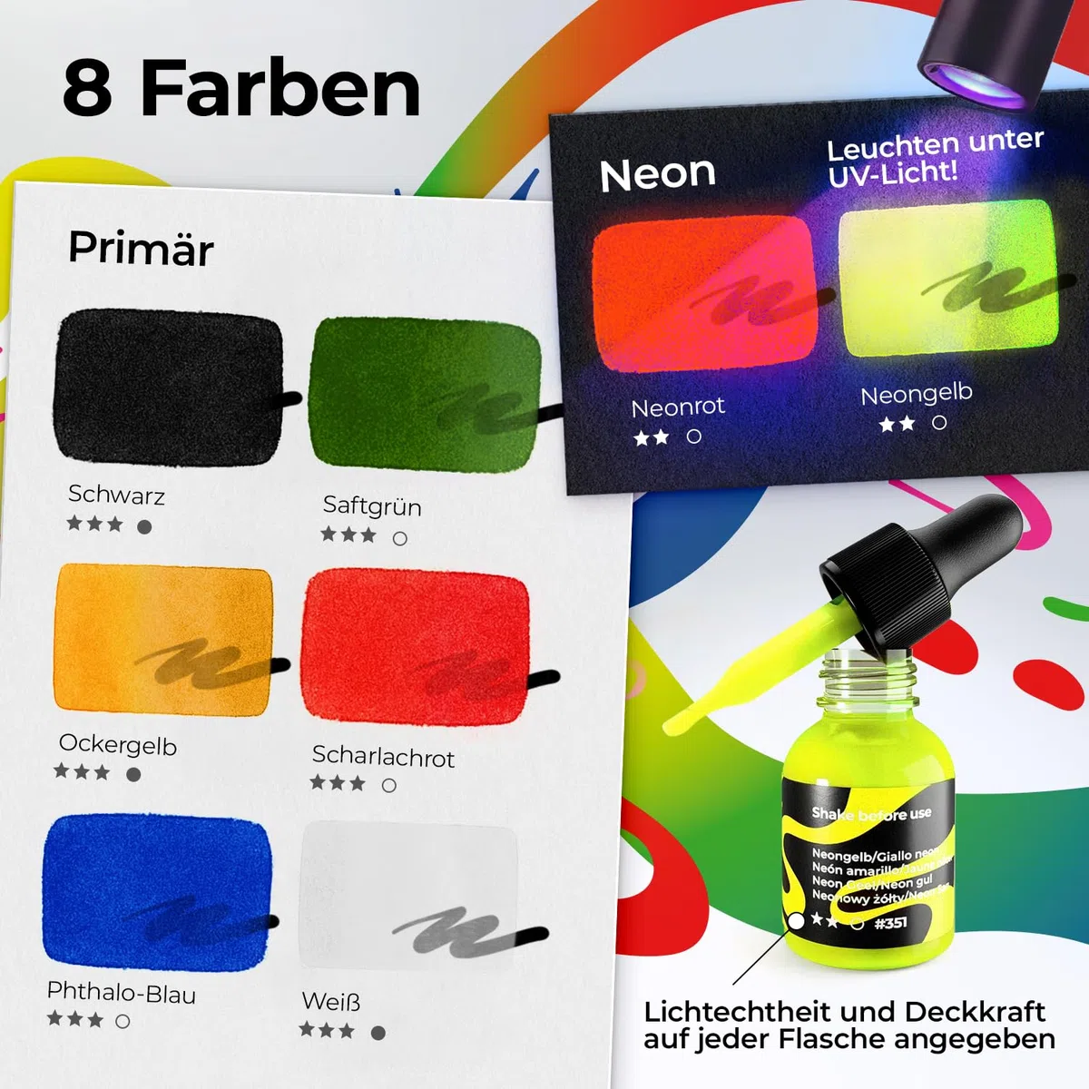 Colozoo 8x20ml Acrylic Ink Set, Permanent, Wasserfeste, Acryltinte inklusive 6 Primärfarben & 2 Neon Farben, Flüssige Acrylfarbe für Airbrush, Gießkunst, Acrylmedium, Acryl Ink für Alle Oberflächen