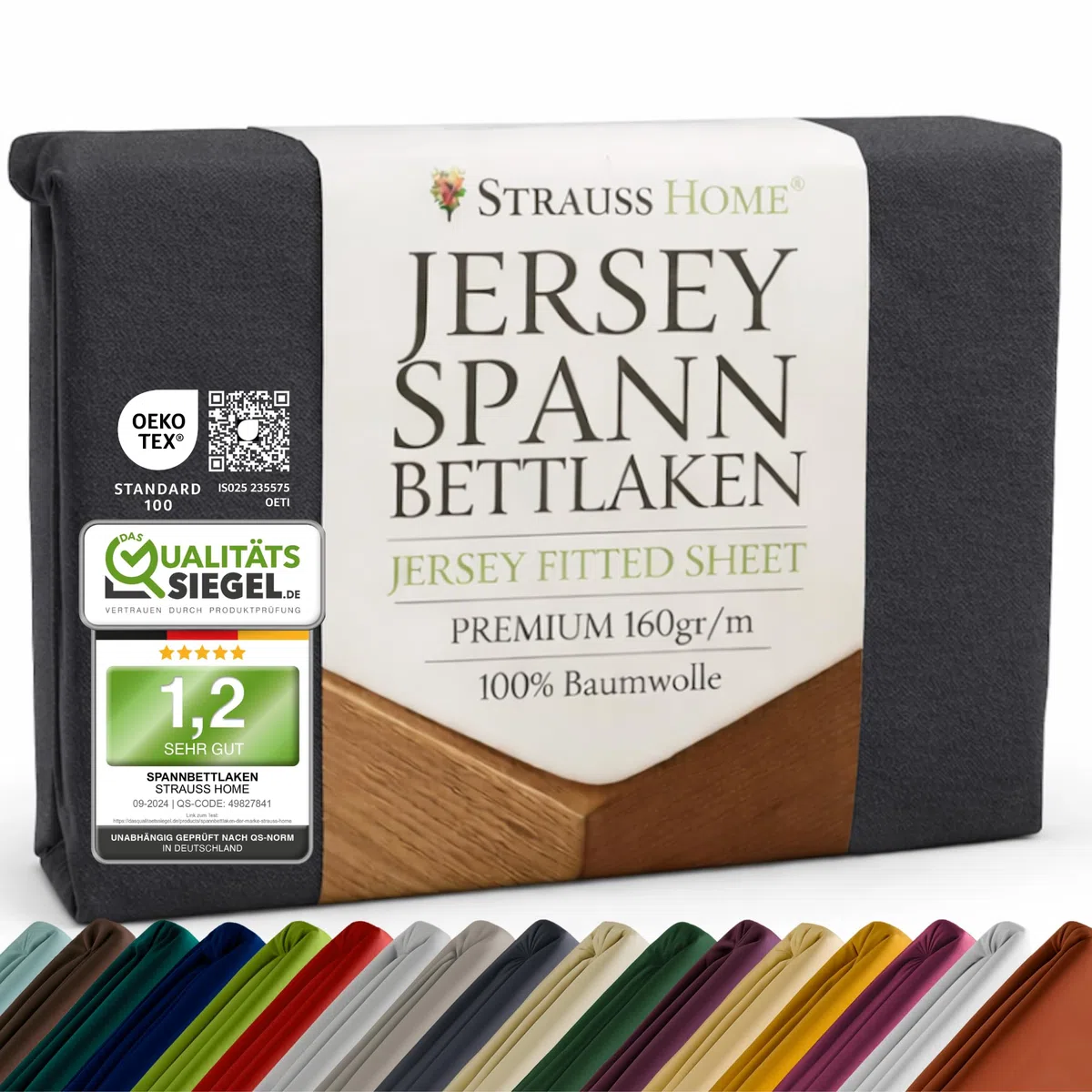 Strauss Home Premium Spannbettlaken Jersey 140x220-160x220 cm - 160 g/m² 100% gekämmte Baumwolle, 40 cm Steg, Oeko-TEX - für Boxspringbett & Wasserbett - Anthrazit