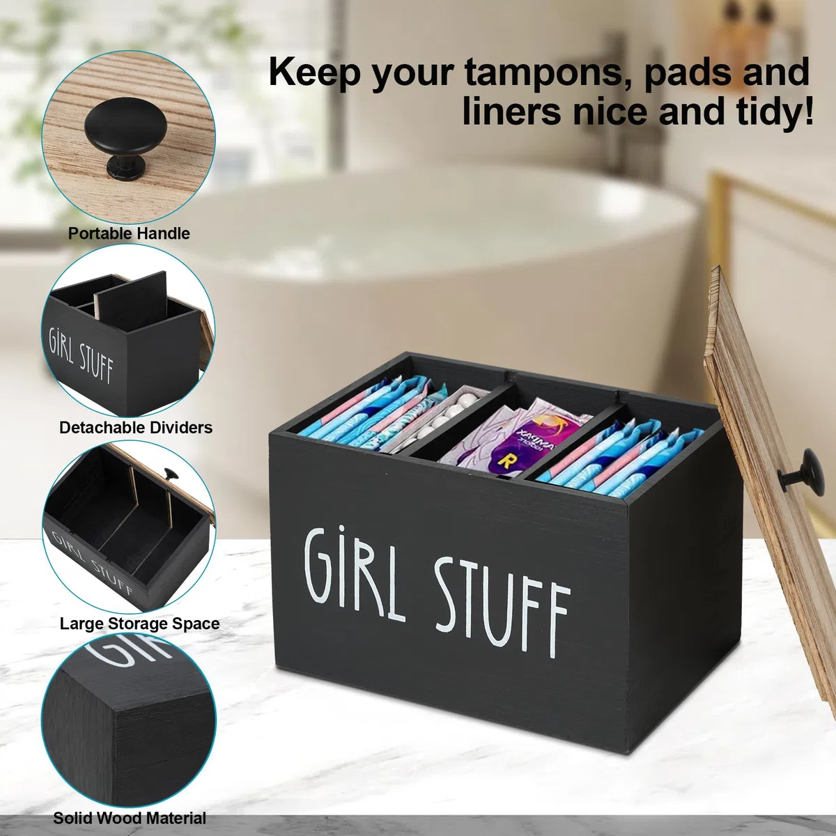 Tampon Aufbewahrungsbox 3 Fächer mit Deckel, Holz Slipeinlagen Box Organizer für Hygiene Artikel Tampons Binden Wattestäbchen inkl. Make-Up Tasche