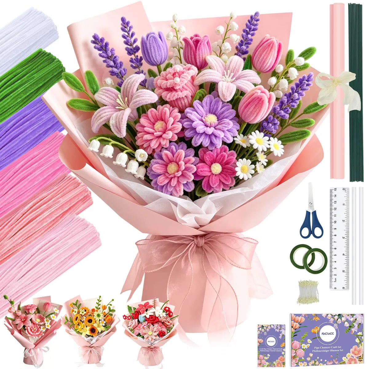 FACIACC 600 Stück Tulpenstraußes Pfeifenreiniger Blumen Set, Chenille-Blumenstiele in 6 Farben für Selbstgemachte Blumensträuße, inklusive Blumendraht, Klebeband, Staubgefäßen, Geschenkpapier, Schere