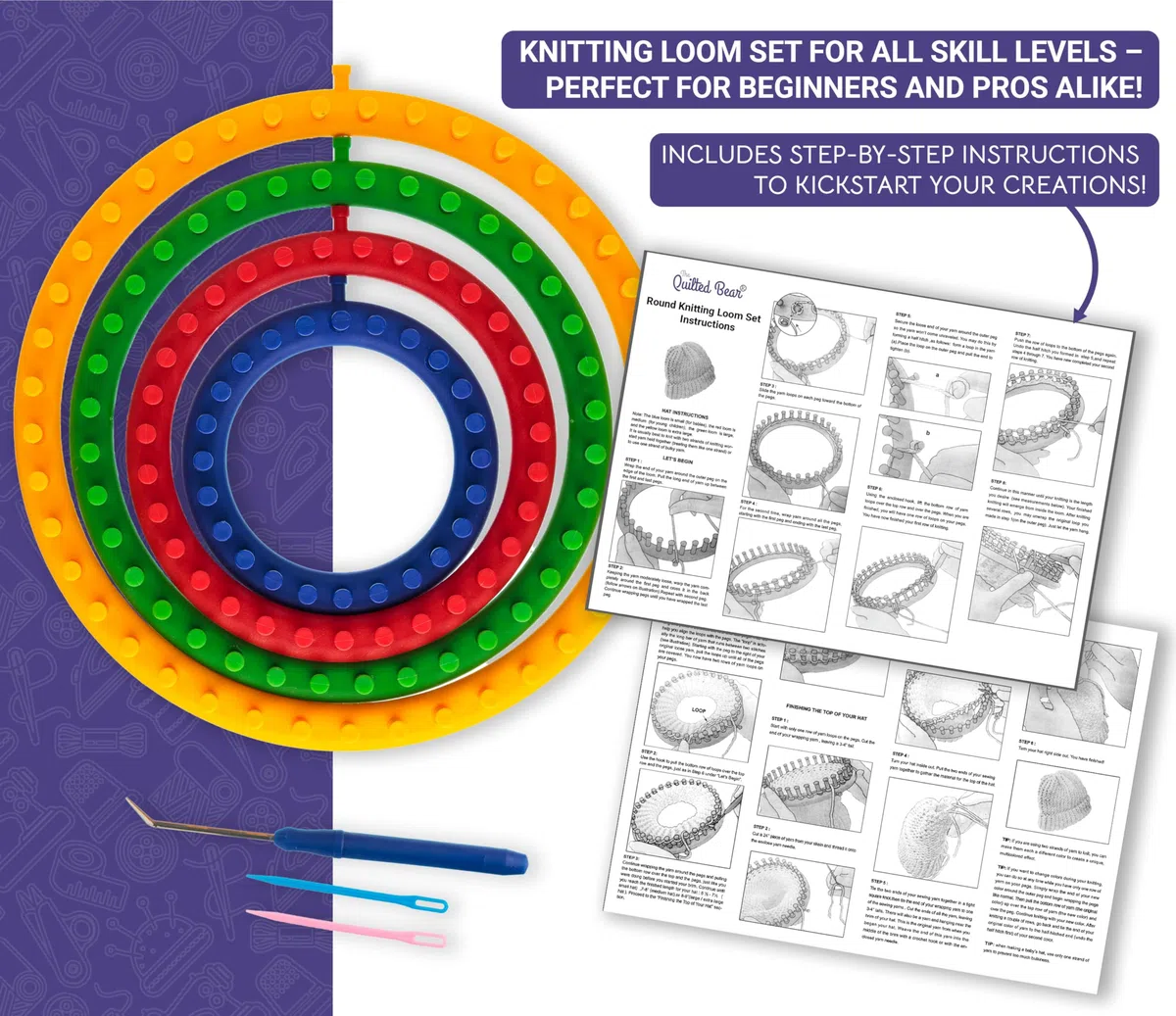 Quilted Bear Round Knitting Loom Set - Perfekt für die Herstellung von Hüten, Schals und mehr