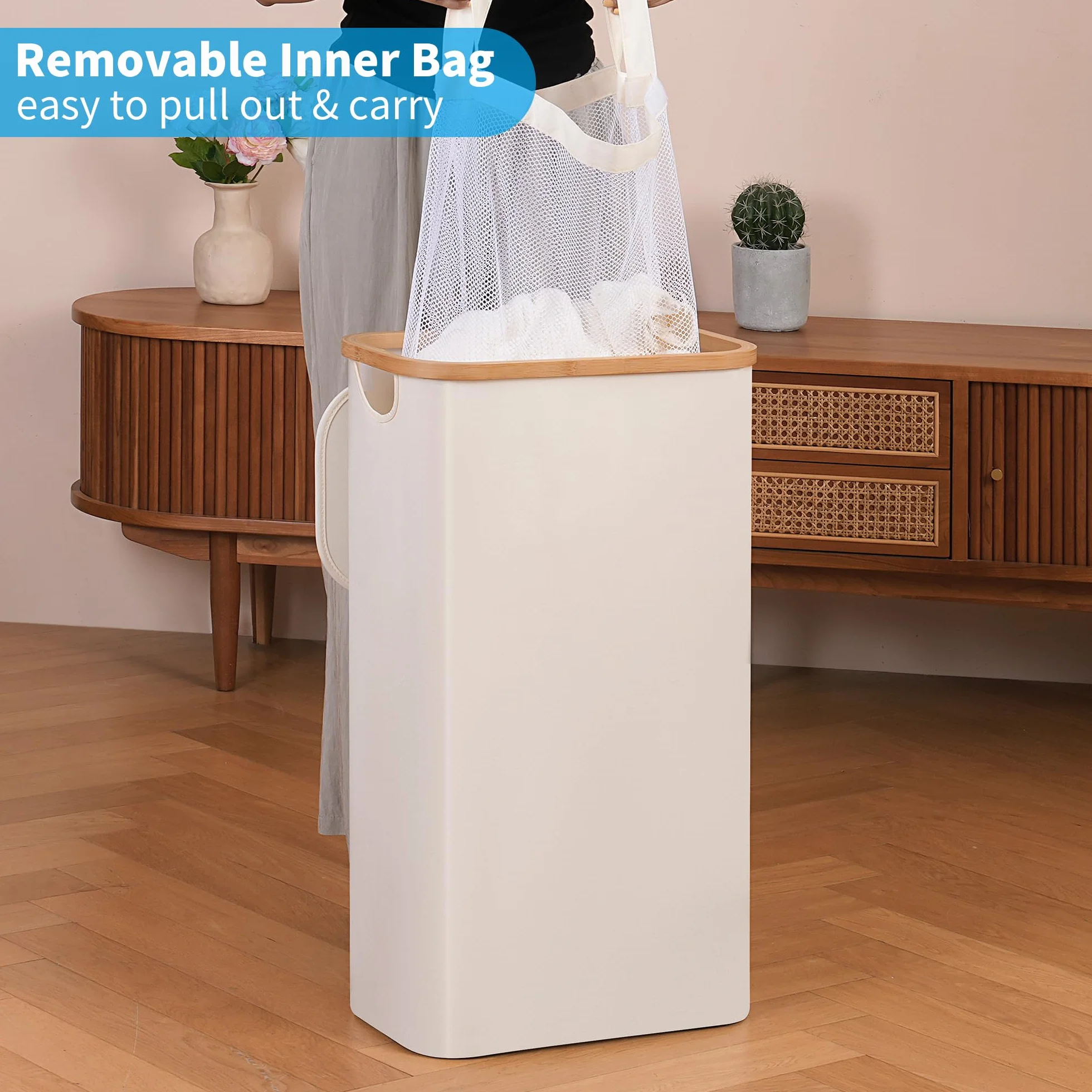 efluky Wäschekorb Schmal 63L, Schlanker Wäschekorb mit Deckel, Beige Faltbare Wäschebehälter mit Bambusgriffen und abnehmbarem Beutel für Waschküche, Schlafzimmer, Badezimmer