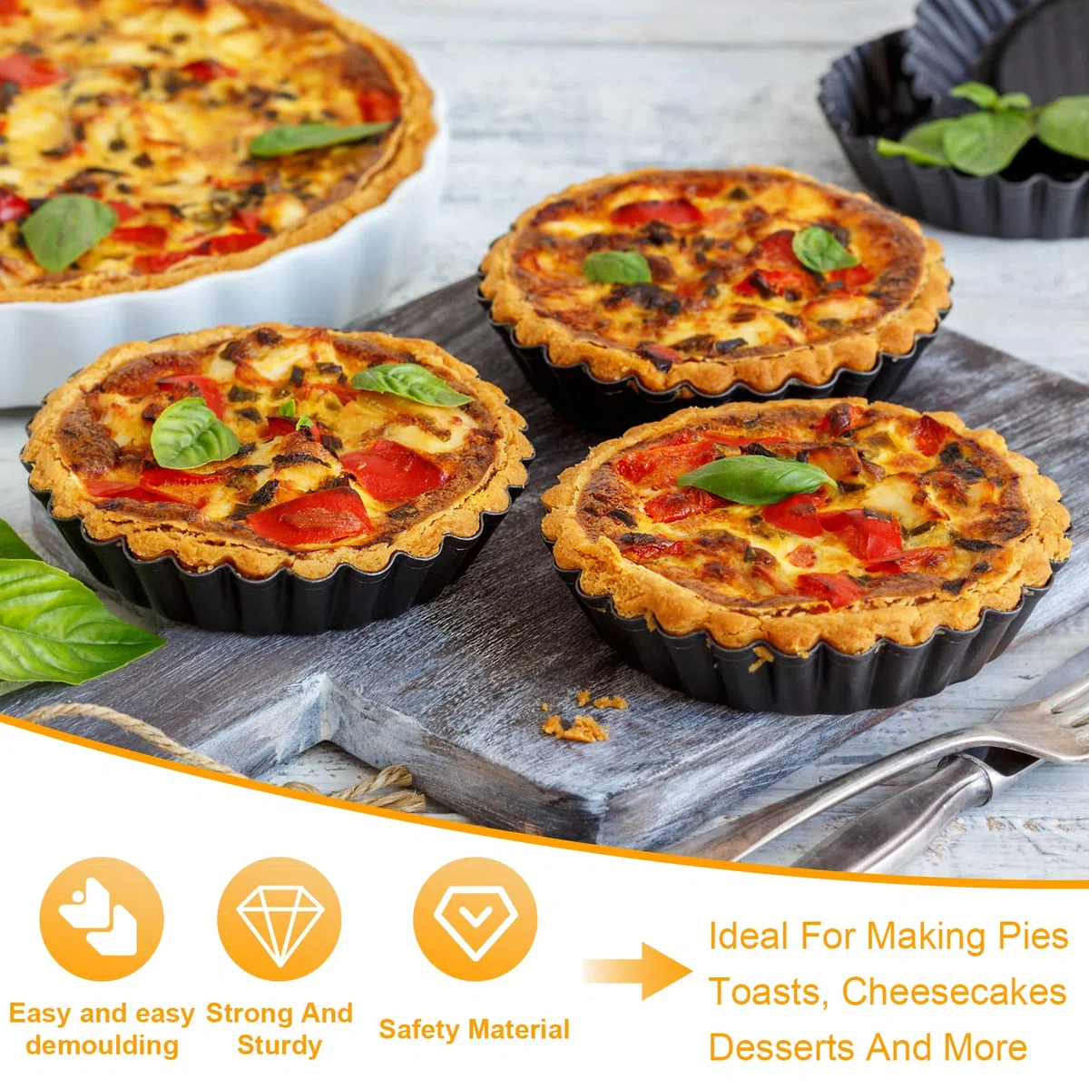 JOYBOY 12 Stück Tarteform mit Hebeboden,Mini Quicheform mit Hebeboden,Antihaftbeschichtung Mini Quicheform,Tarte Pan,Quiche Form,Obstkuchenform,Schwarz Tortenboden Backform für Quiche,Obstkuchen,Pie