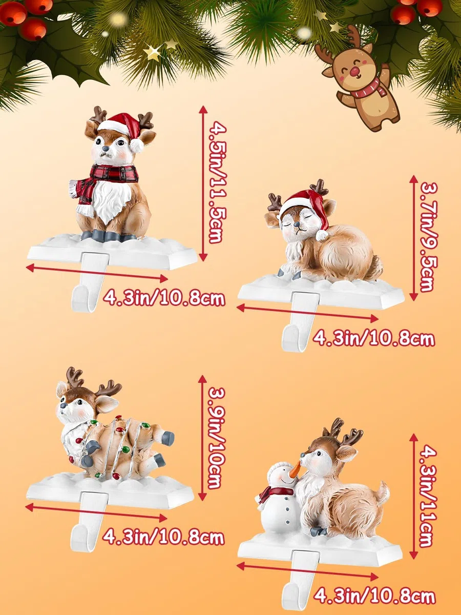EBANKU Weihnachten Strumpfhalter für Kamin, 4 Arten Strumpf Kleiderbügel mit Weihnachten Elch Haken Muster, Mantel rutschfest stabilen Mantel Strumpf Haken für Weihnachten Home Decoration