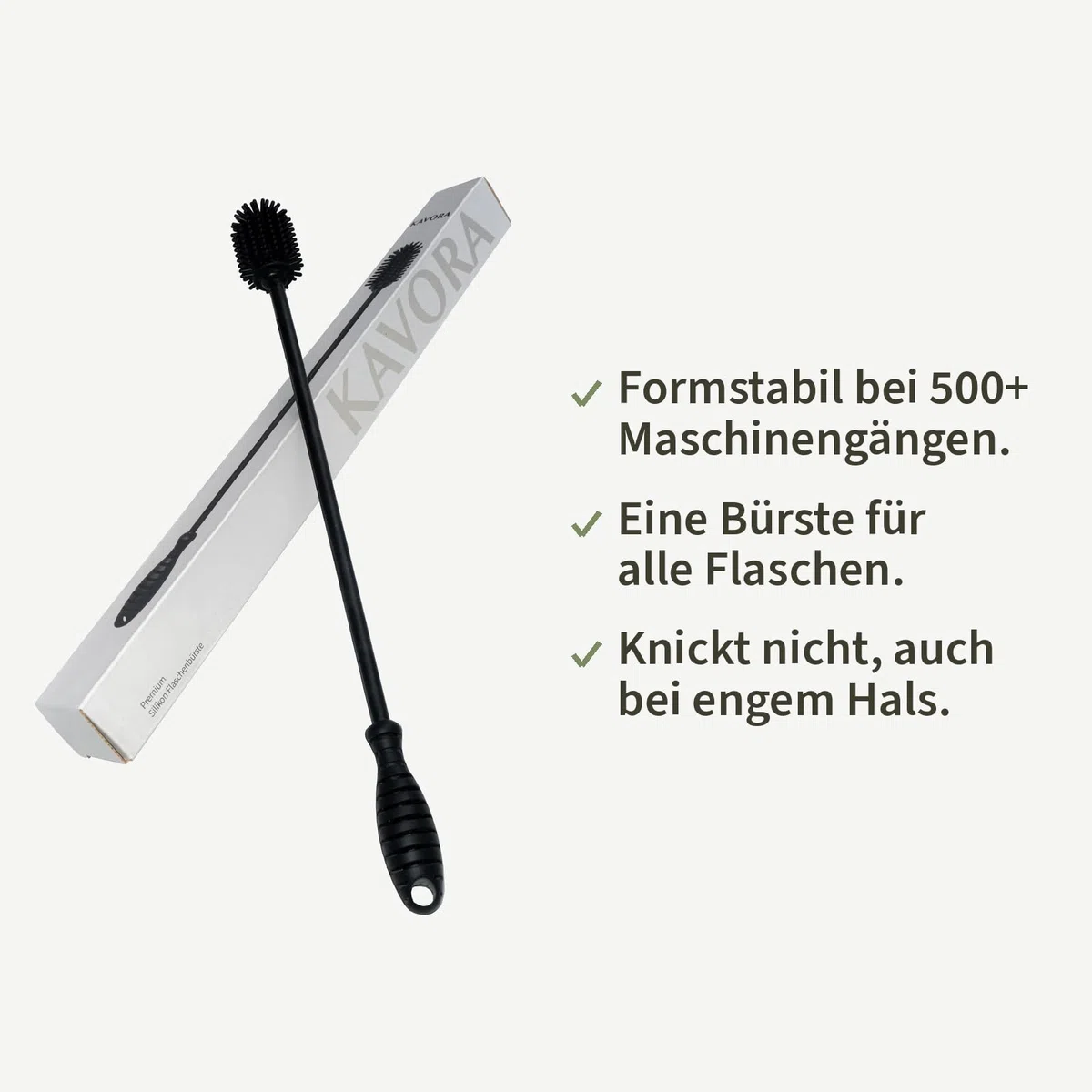 Flaschenbürste Extra Lang 38cm – KAVORA | Silikon, Edelstahlkern, kein Rost, kein Geruch, LFGB-Zertifiziert, Schwarz