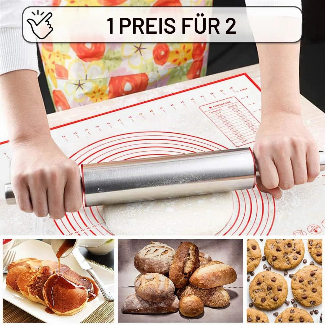 Nudelholz aus Edelstahl mit Backmatte, drehbare Teigrolle, antihaftbeschichtet und wartungsfrei, mit lebensmittelechten Backmatten und Teigrolle für Pizza, Nudeln, Kuchen, Zuckerguss, 43,2 cm – Silber