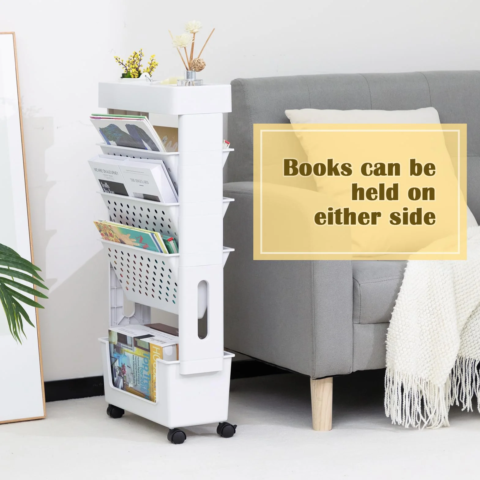 DOEWORKS Bücherwagen Klein Mobiles Bücherregal mit Rollen Bastelwagen Rollwagen Schmal Aufbewahrungswagen 5 Ebenen Bücherregal Wagen für Wohnzimmer Schlafzimmer Büro Bibliothek, Weiß