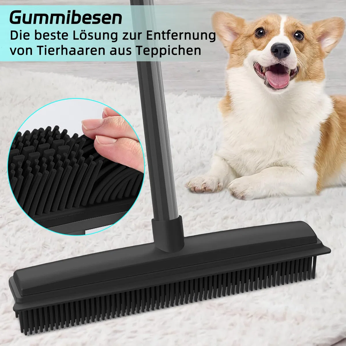 2 in 1 Gummibesen mit Stiel, 156cm Langen Stiel Besen zum Entfernen von Tiere Katzen Hunde Haare Teppichbürste Bodenbürste Kehrbesen für Innen- und Außenbereich Schrubbe (Schwarze Fellentfernung)