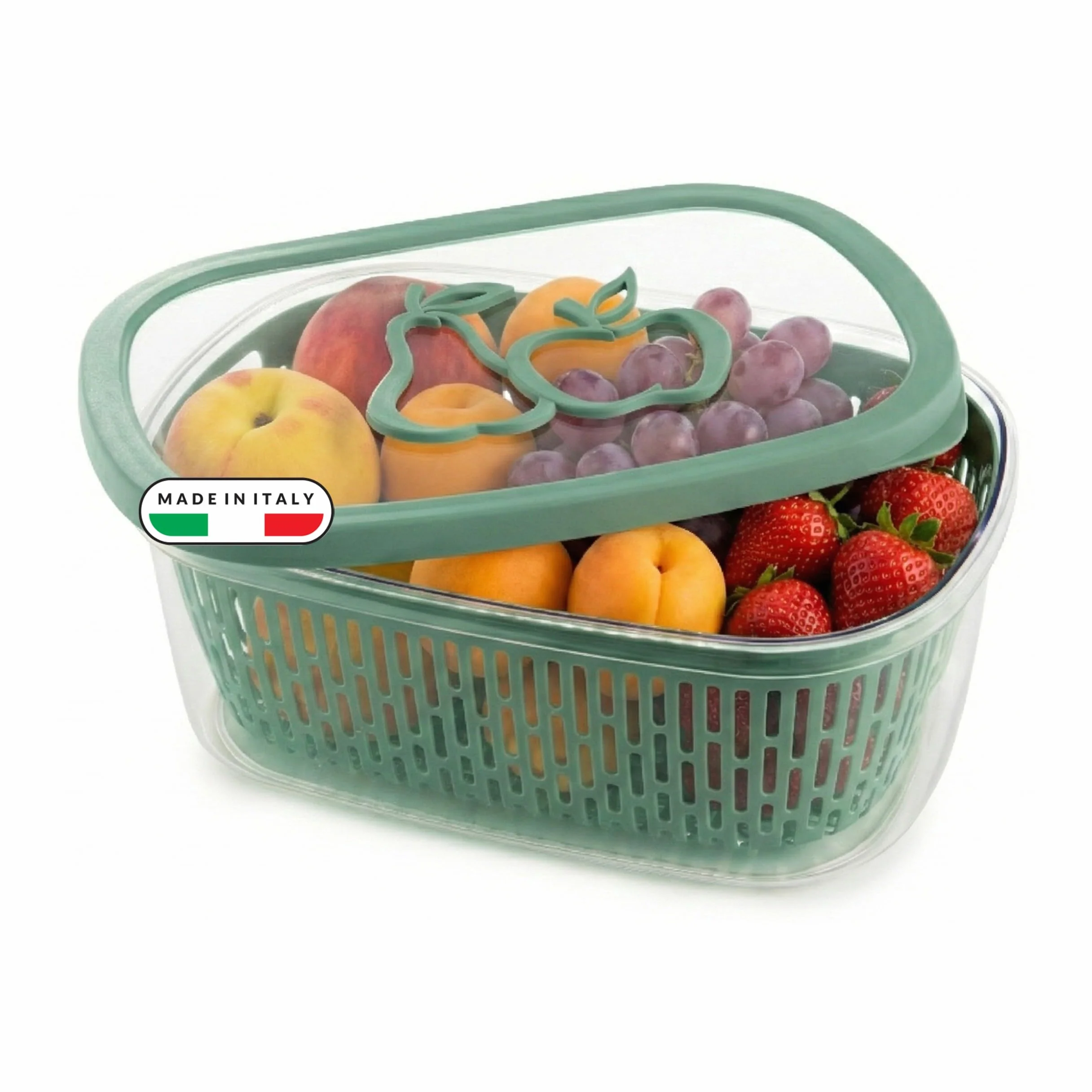 Snips Aroma Keeper Frischhaltedose 4 L mit Abtropfkorb, Vorratsdose für Obst und Gemüse, Lebensmittelbehälter für Kühlschrank und Gefrierschrank, spülmaschinengeeignet, Grün, Made in Italy