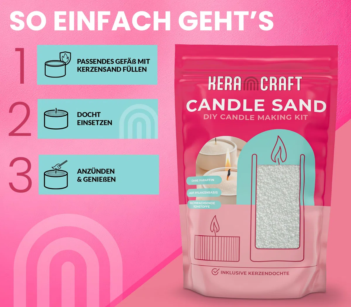 KERACRAFT Kerzensand Set weiß 1kg – Kerzensand mit Docht - Candle Pearls für DIY Kerzen