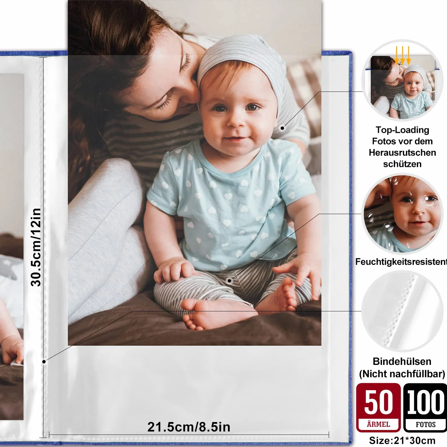 Benjia Fotoalbum Einsteckalbum A4 Hochformat 100 Seiten Hüllen, Leinenbezug Fotoalbum zum Einstecken für 100 A4 Fotos Blau