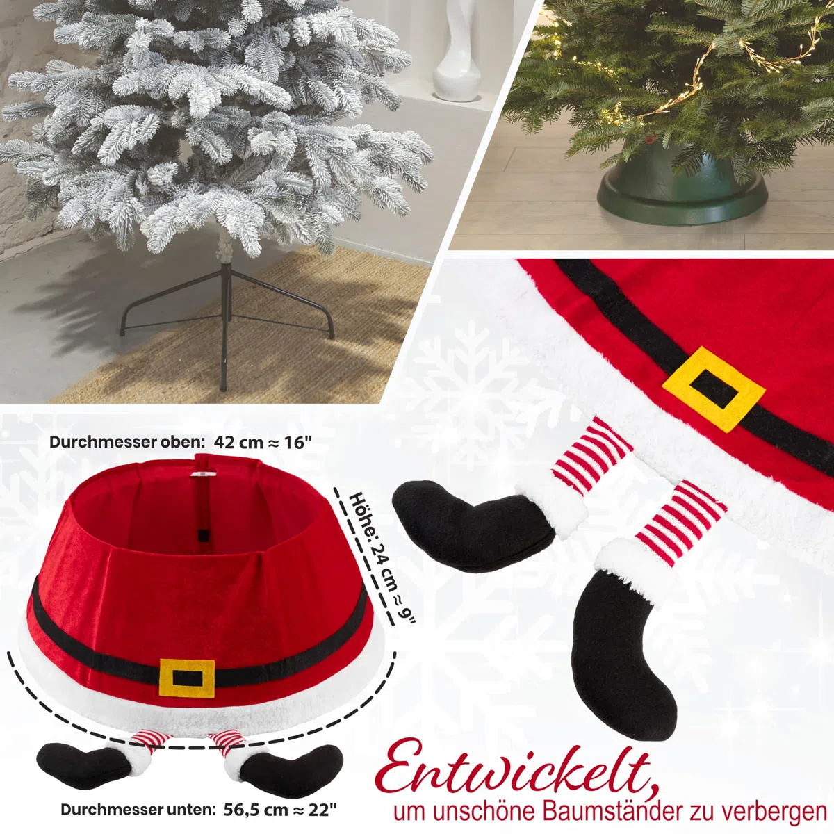 DECO EXPRESS Weihnachtsbaumständer Abdeckung, 42x24cm Weihnachtsbaum Rock, Stilvoll Weihnachtsdeko Innen In Weihnachtsmann Frohe Weihnachten Design (Rot Santa, Höhe 42 cm/Basis 56 cm)