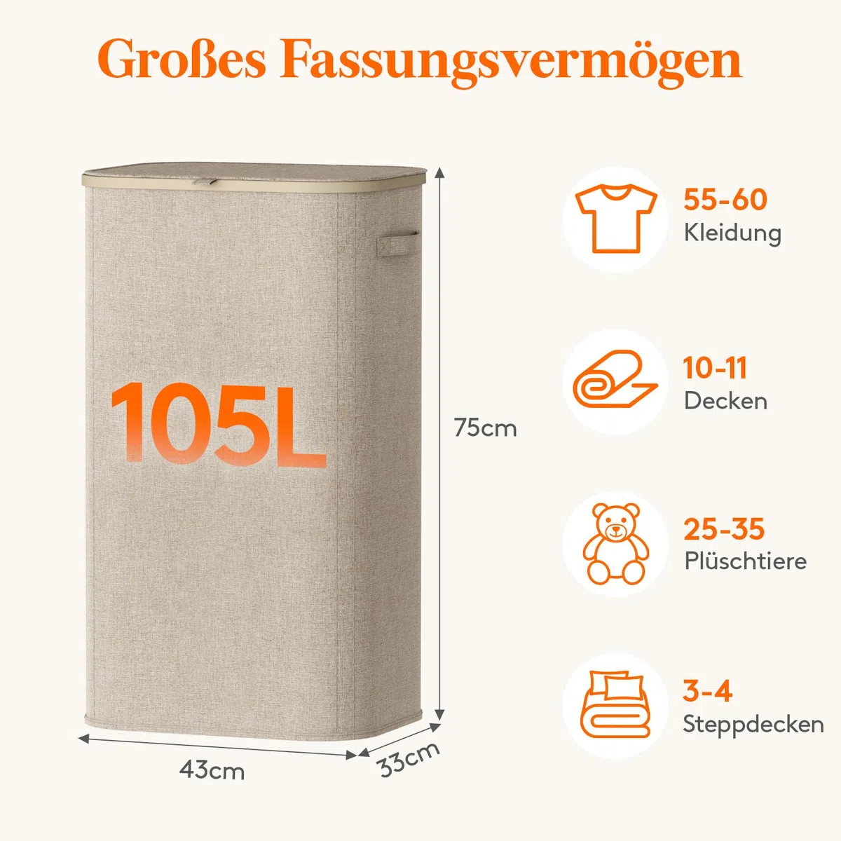 Lifewit 105L Wäschekorb mit Deckel, hoher Wäschekorb mit Kunststoffrahmen, faltbarer großer Wäschekorbsammler, Wäschekörbe für Schlafzimmer, Bad, Beige