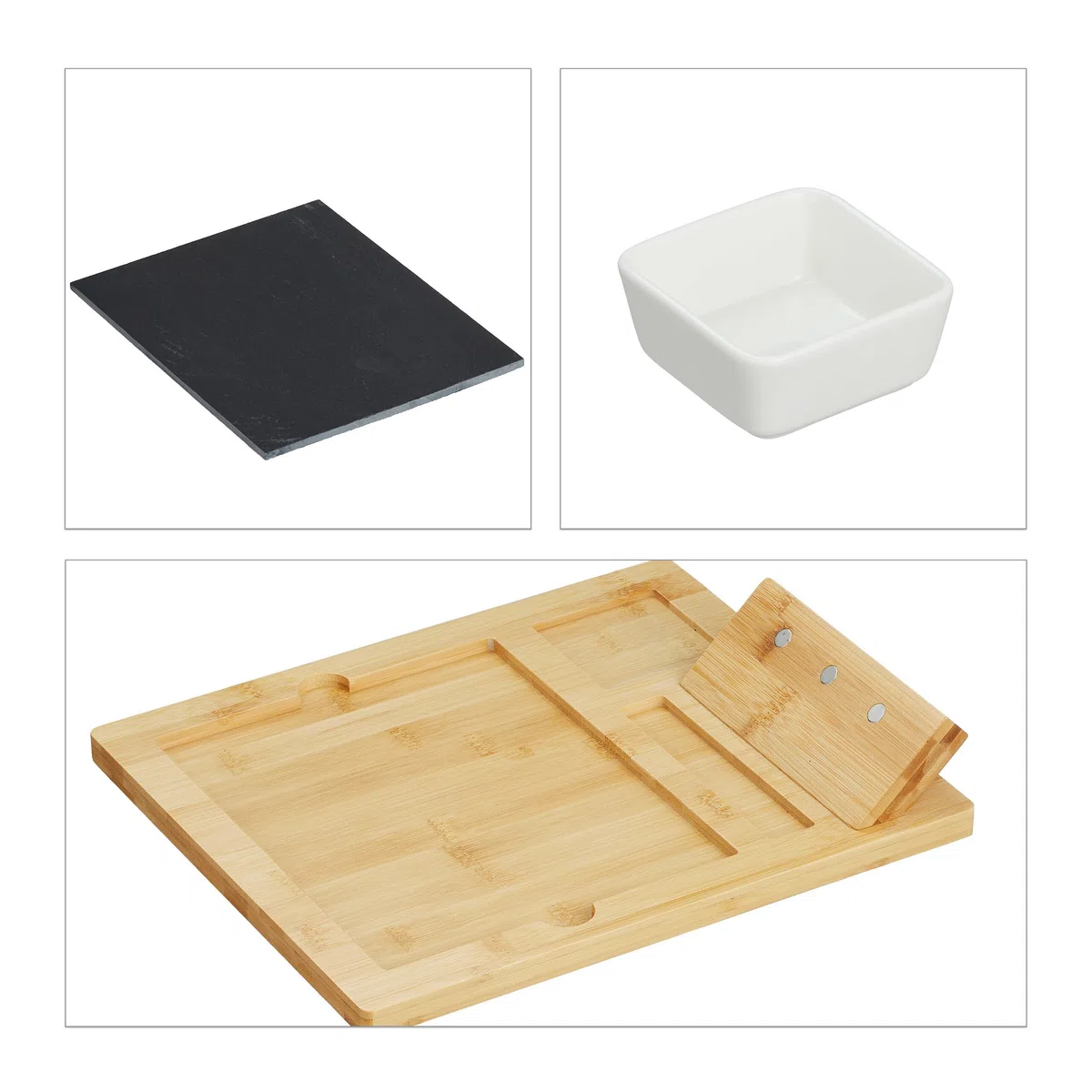 Relaxdays Käsebrett mit Schieferplatte, 3-TLG. Käsebesteck, Dipschale, 4X Serviergabel, Bambus Käseplatte, Natur/schwarz