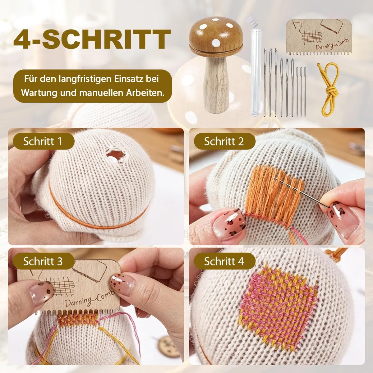 Stopfpilz Set Aus Holz Webernadel Mit Kugelspitze Pilzform Mit 9 Nähnadeln Und 2 Nadeleinfädler Holzwerkzeug Stopfpilz Mit Etui Für Nadeln Für DIY Handnähen, Socken, Stricken, Kleidung, Schals