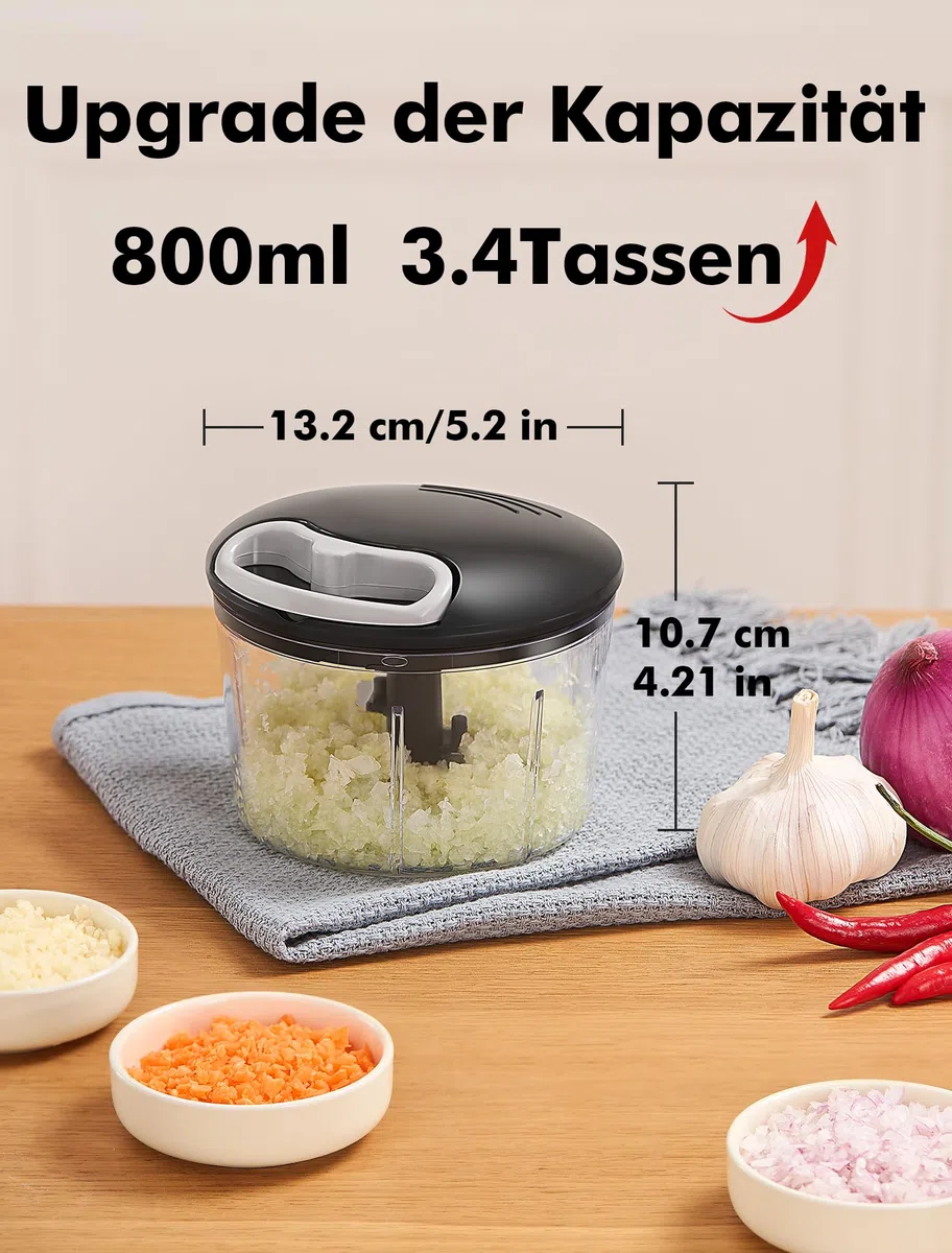GDL Zwiebelschneider, 800ML Zwiebel Zerkleinerer mit Edelstahlklingen, Multizerkleinerer Gemüseschneider für Gemüse, Obst, Nüsse, Knoblauch, Babynahrung. (Schwarz)