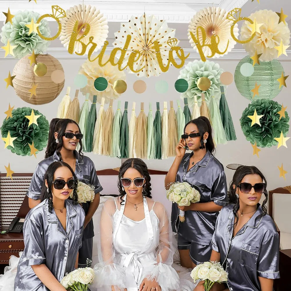 Junggesellinnenabschied Frauen Bride to Be Deko Salbeigrün JGA Deko Bride To Be Banner Papier Girlande Seidenpapier Pom Poms for Brautdusche Dekorationen