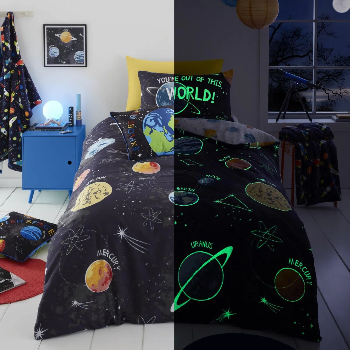 Bedlam - Im Dunkeln leuchtender Bettbezug – Einzelbettgröße (200 x 140 cm) – wendbar (2 Designs) – Galaxie- und Planeten-Bettwäsche für Jungen – Sonnensystem-Universum-Bettbezug – Weltraum-Bettwäsche