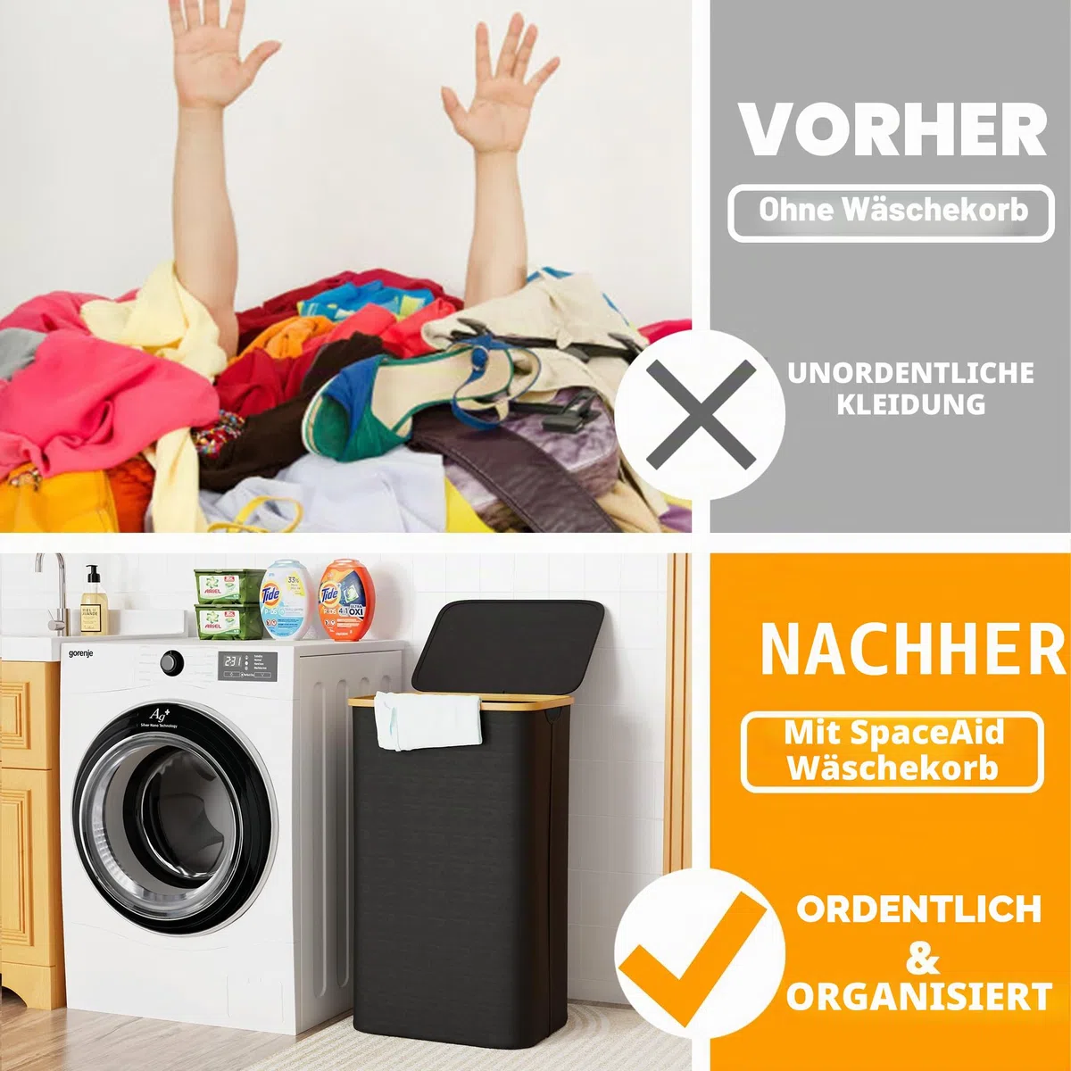 SpaceAid Wäschekorb mit Deckel 110L, Großer Hoher Wäschekorb Faltbar mit Bambusgriffen für Schlafzimmer, Badezimmer, Schlafsaal, Waschküche - Schwarz