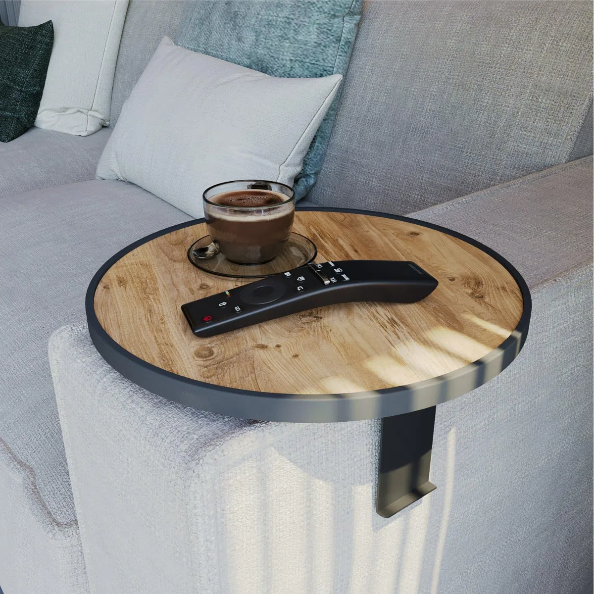 Sofatablett Armlehne, Couch-Tablett, Einstellbarer Sofa-Tablett, Getränkehalter, spezielles Design stoßfeste Umrandung, Sitzgarnitur Ablage, Durchmesser ⌀ 34 cm, Holz-Optik, Comfy