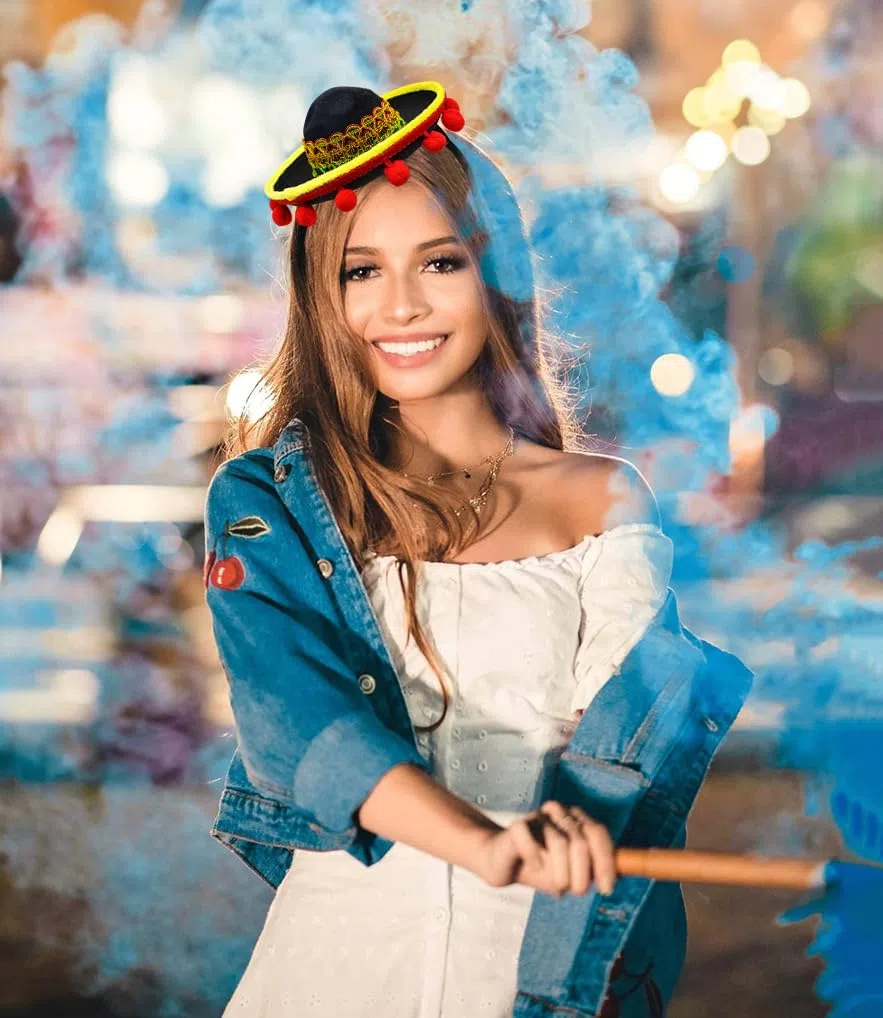 Set von 6 Cinco de Mayo Stroh Sombrero Stirnband Stoff Partyhüte mit Ball Fransen Dekoration für Fiesta Hut Partyzubehör, Dia de Muertos, mexikanische Themen Dekorationen Partyzubehör