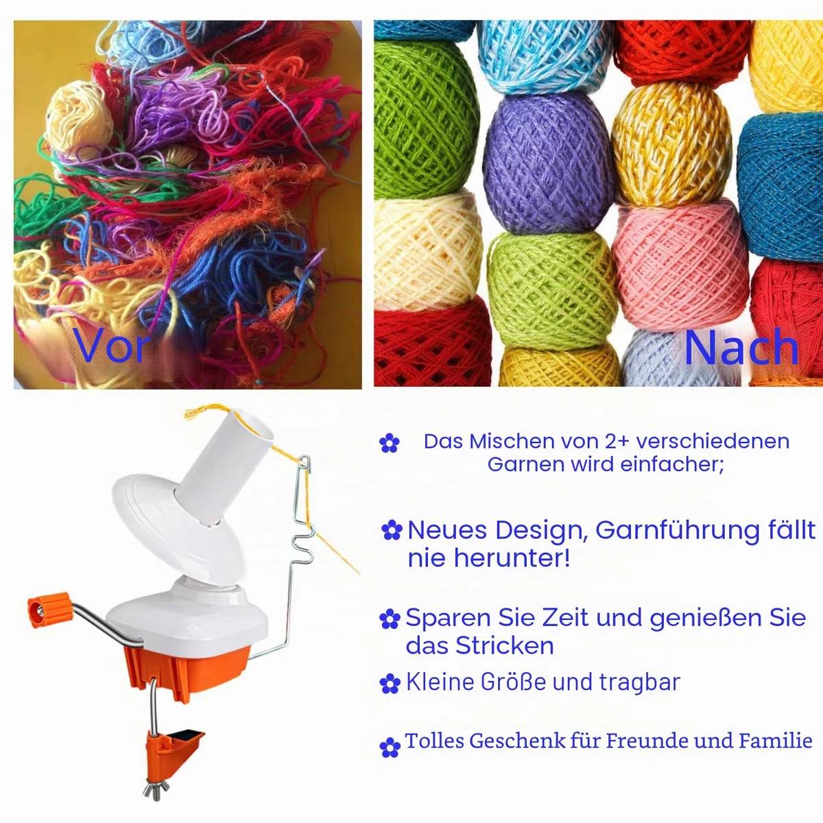 Garnkugelwickler, praktischer Kugelwickler für Garn, mit Metallgriff und Tischklemme, stabil, mit Pompom-Maker in 4 Größen + 1 Schere, AB200-5